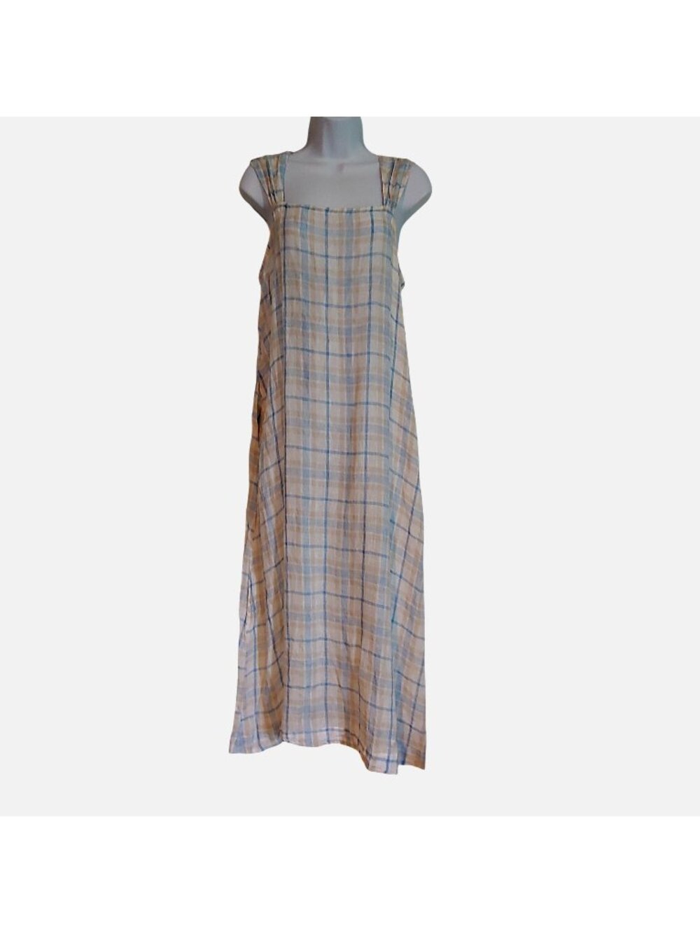 CP Shades Angie Linen Dress Plaid Lagenlook Coastal Boho Sundress Shabby Chic S